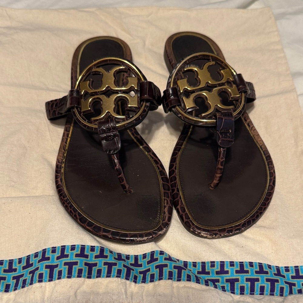 Tory Burch Dark Brown Sandals with Gold Emblem